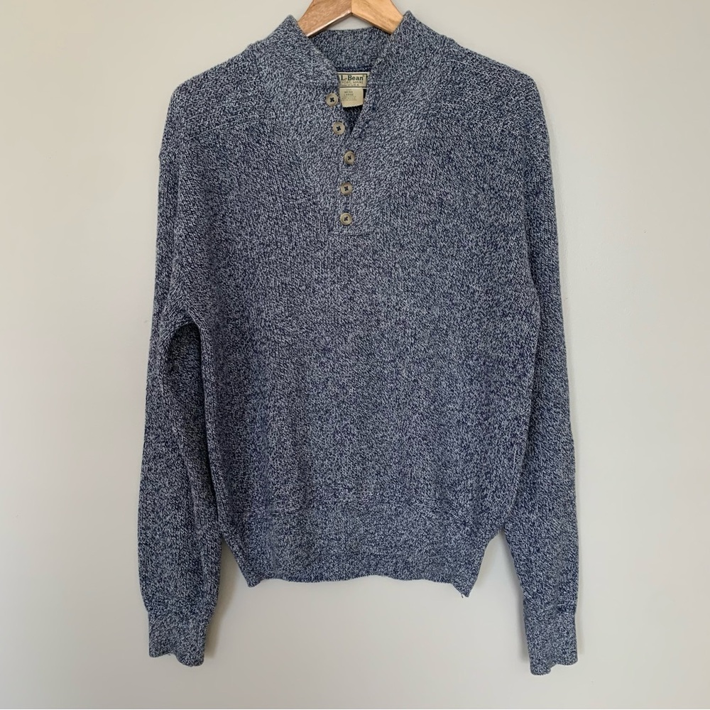 Vintage Men’s L.L. Bean Henley Sweater Heather Blue Lg Made In USA 100% Cotton